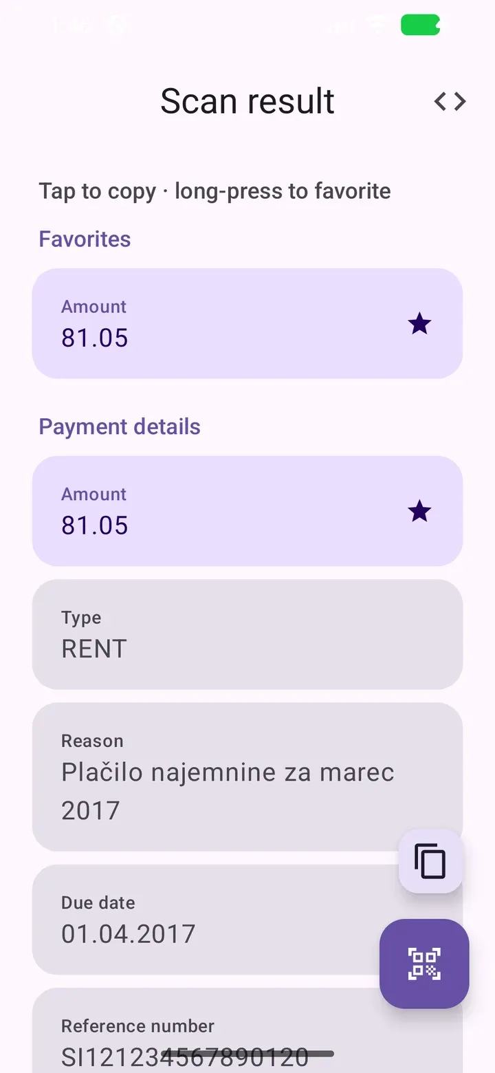 Rezultat skeniranja v UPN Scan s priljubljenim zneskom in označenimi podatki za plačilo