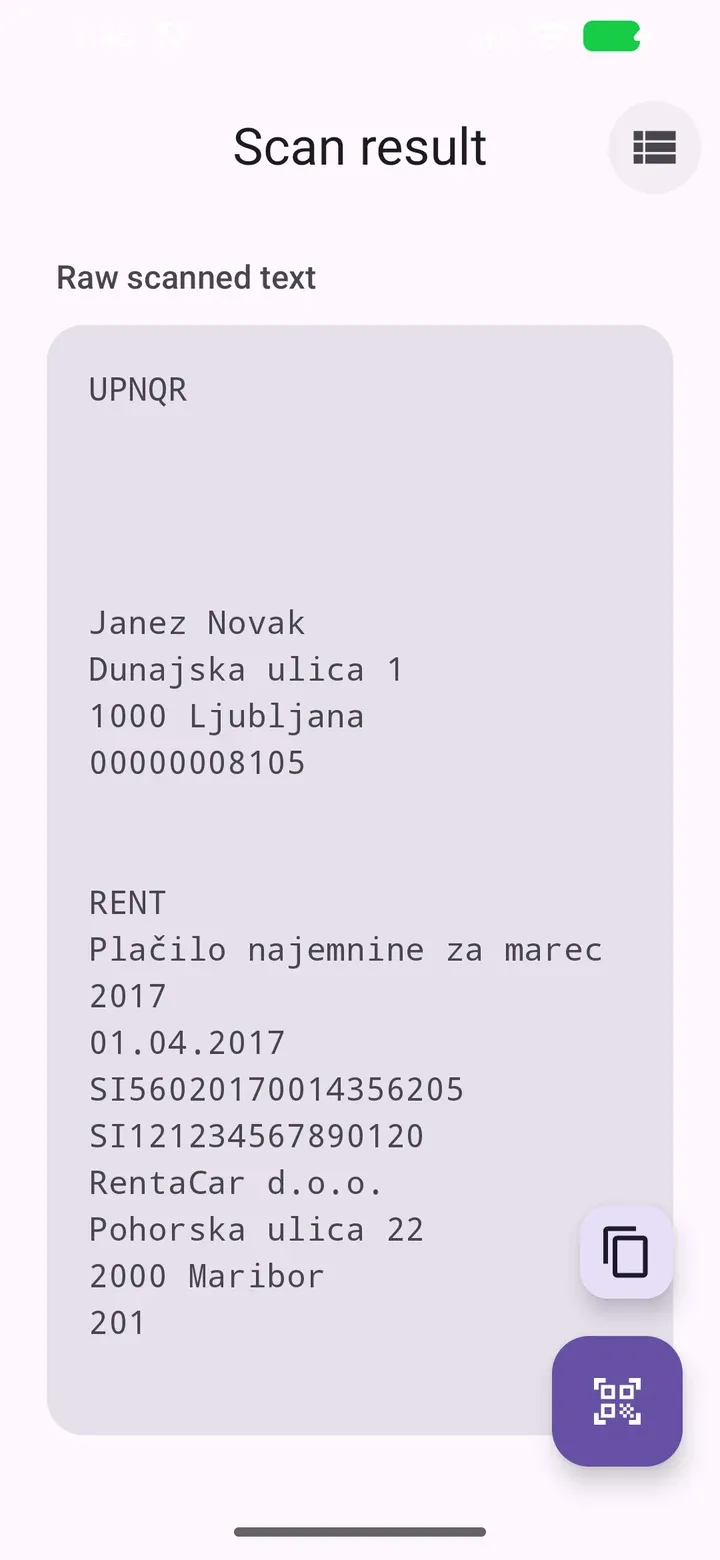 Neobdelani pogled v UPN Scan z vzorčno vsebino kode UPN QR