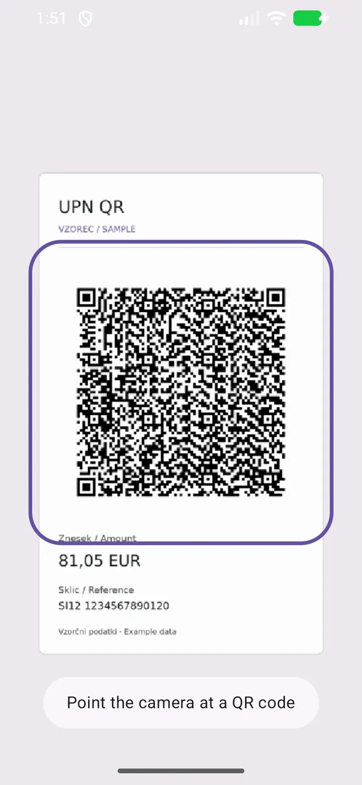 Pogled kamere za skeniranje v aplikaciji UPN Scan